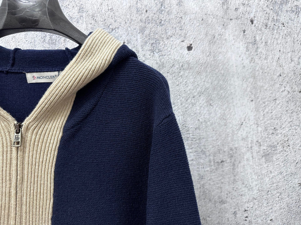 Moncler knit hoodie hood detail with cream ribbed trim and front zipper