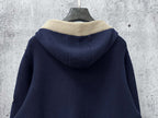 Moncler long navy knit hoodie back view with cream ribbed hood trim