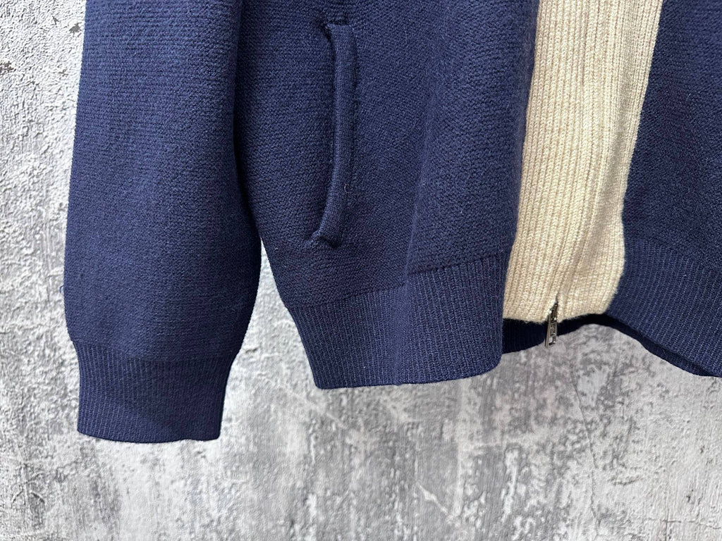 Moncler knit hoodie pocket and lower back hem detail in navy