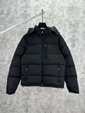 Dark puffer jacket with full-zip front, hood, and side pockets