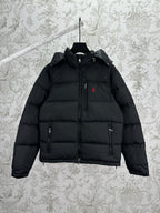 Dark puffer jacket with full-zip front, hood, and side pockets