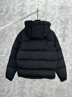 Dark hooded puffer jacket, full-zip front, back view with quilted panels
