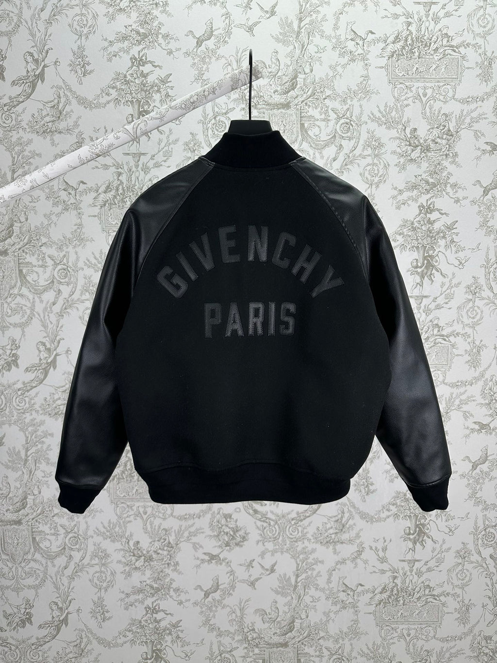 Black bomber jacket with Givenchy Paris back print and ribbed collar
