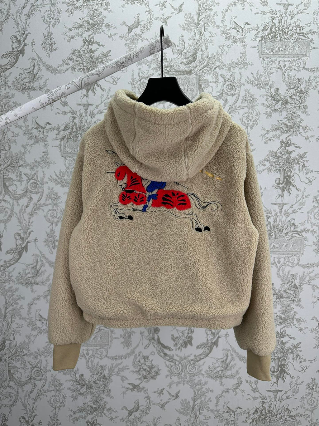 Burberry hooded sherpa jacket, cream fleece with hood and red/blue back graphic embroidery
