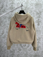 Burberry hooded sherpa jacket, cream fleece with hood and red/blue back graphic embroidery