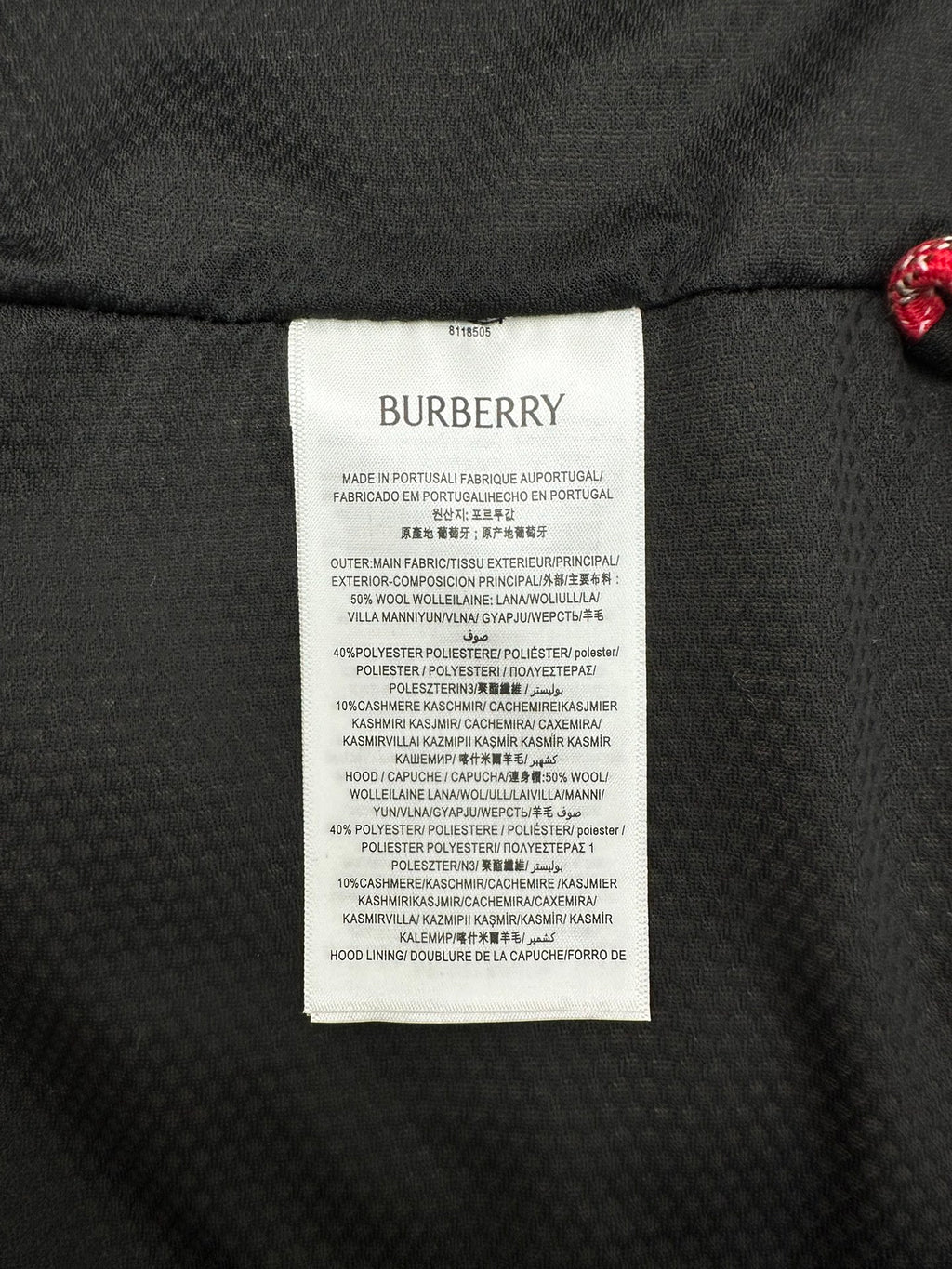 Burberry size and fabric care label inside the jacket