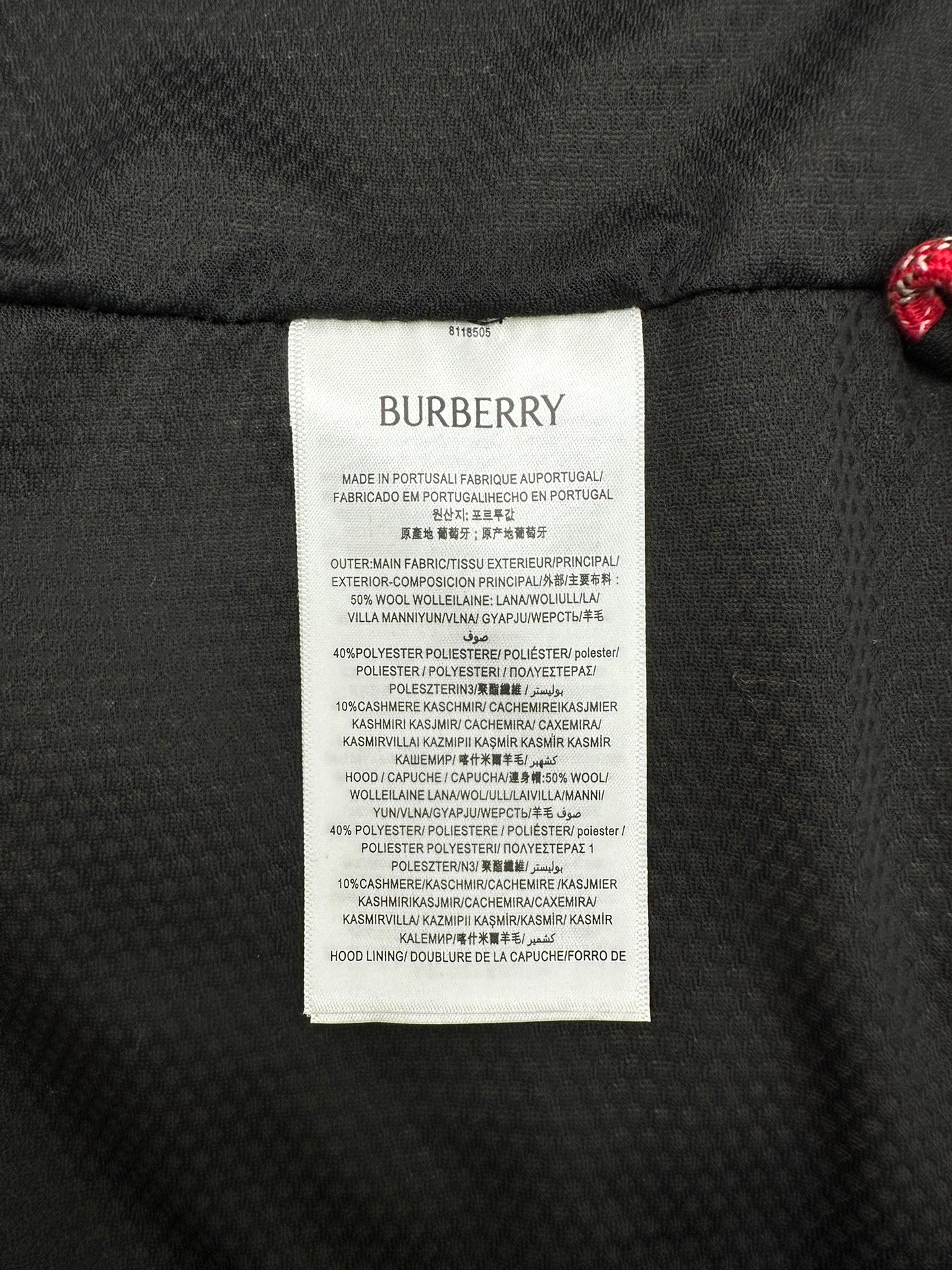 Burberry size and fabric care label inside the jacket