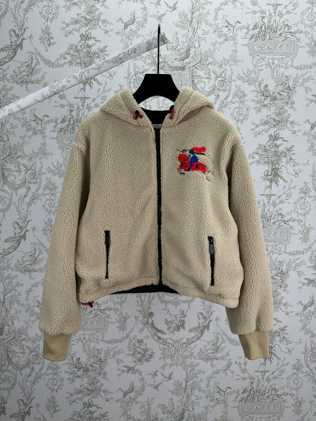 Burberry hooded sherpa jacket, cream fleece with full-zip and colorful chest embroidery