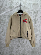 Burberry hooded sherpa jacket, cream fleece with full-zip and colorful chest embroidery