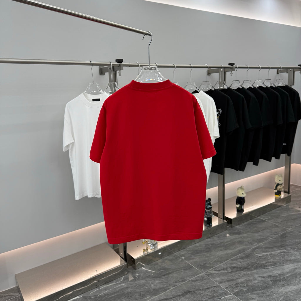 Prada red short-sleeve T-shirt on hanger, crew neck with triangular logo