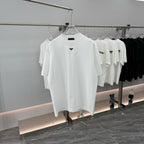 White short-sleeve T-shirt with Prada triangular logo and black stripe on chest