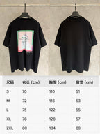 Gucci black short-sleeve T-shirt, front and back views with size chart