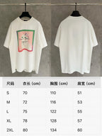 White short-sleeve T-shirt front and back with size chart table (cm)
