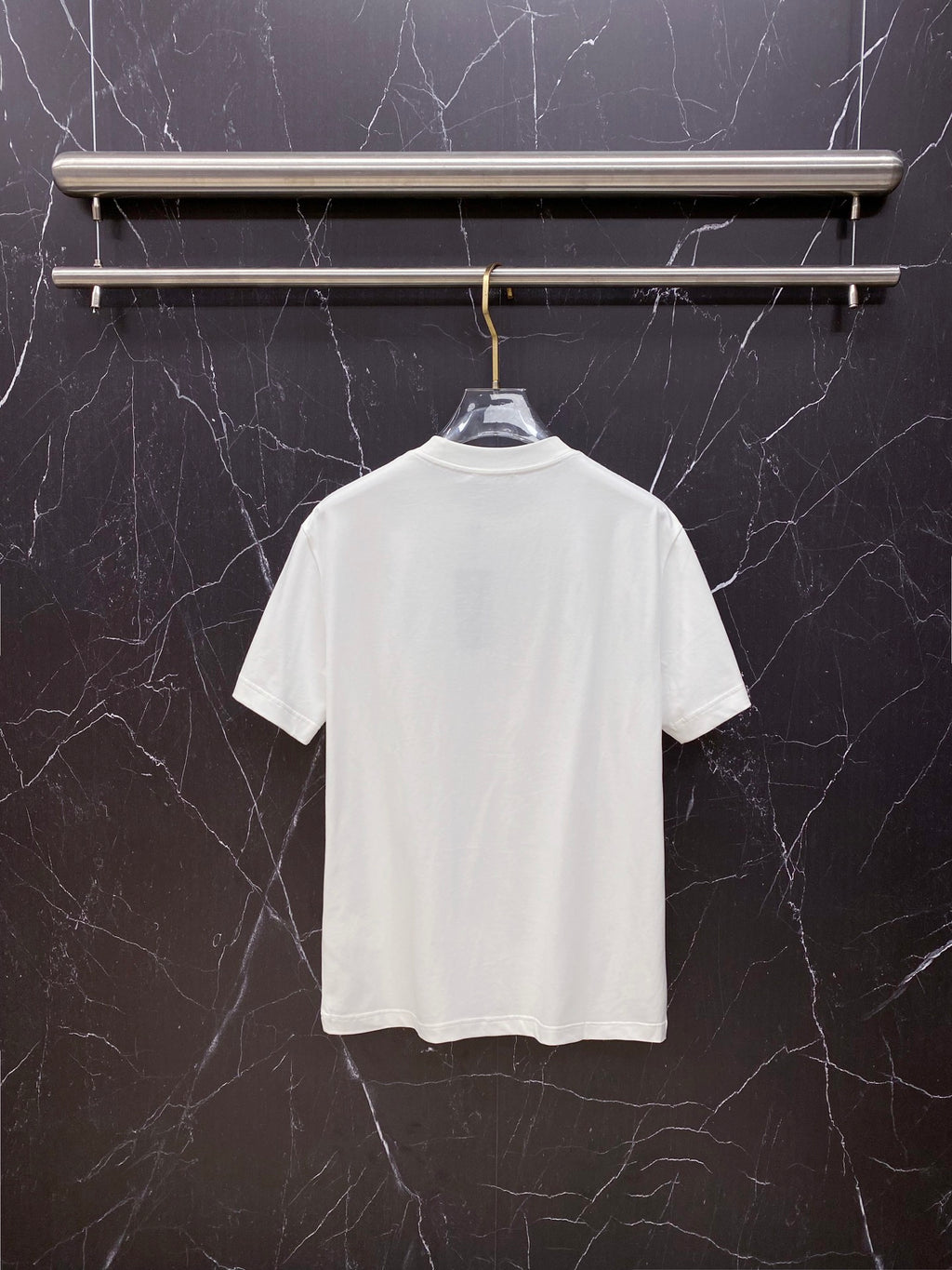 Versace white crewneck T-shirt, plain back view on hanger