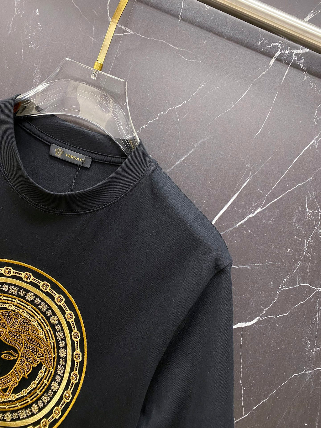 Versace black T-shirt crew neck and gold emblem detail