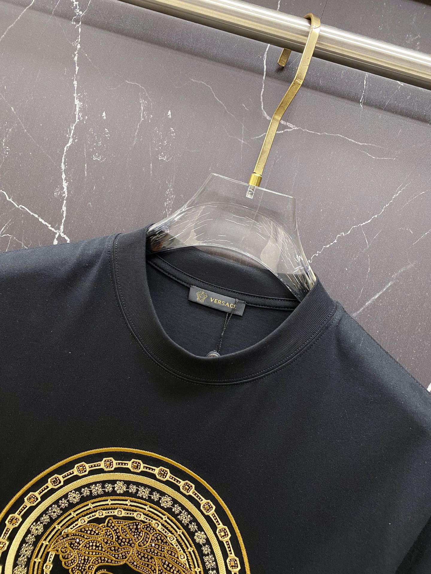 Versace black T-shirt chest emblem and branded neck label