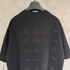 Black short-sleeve T-shirt back view with repeating tonal logo pattern