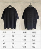 Black short-sleeve T-shirt front and back with visible size chart