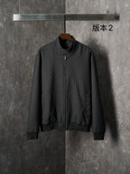 Gucci long jacket in dark fabric with allover GG pattern, front zipper, ribbed cuffs