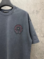 Graphic short-sleeve T-shirt with small round chest embroidery, dark slate gray