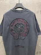 Graphic short-sleeve T-shirt with large back circular embroidery and small back emblem