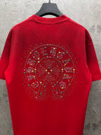 Red short-sleeve T-shirt with full circular rhinestone graphic on back