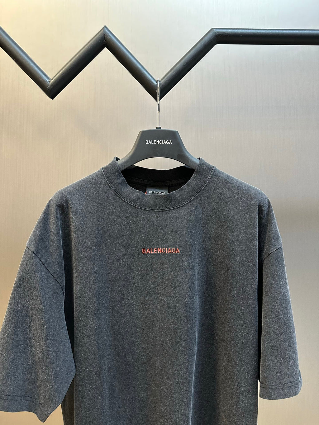 Dark gray short-sleeve crewneck T-shirt with Balenciaga logo print on chest
