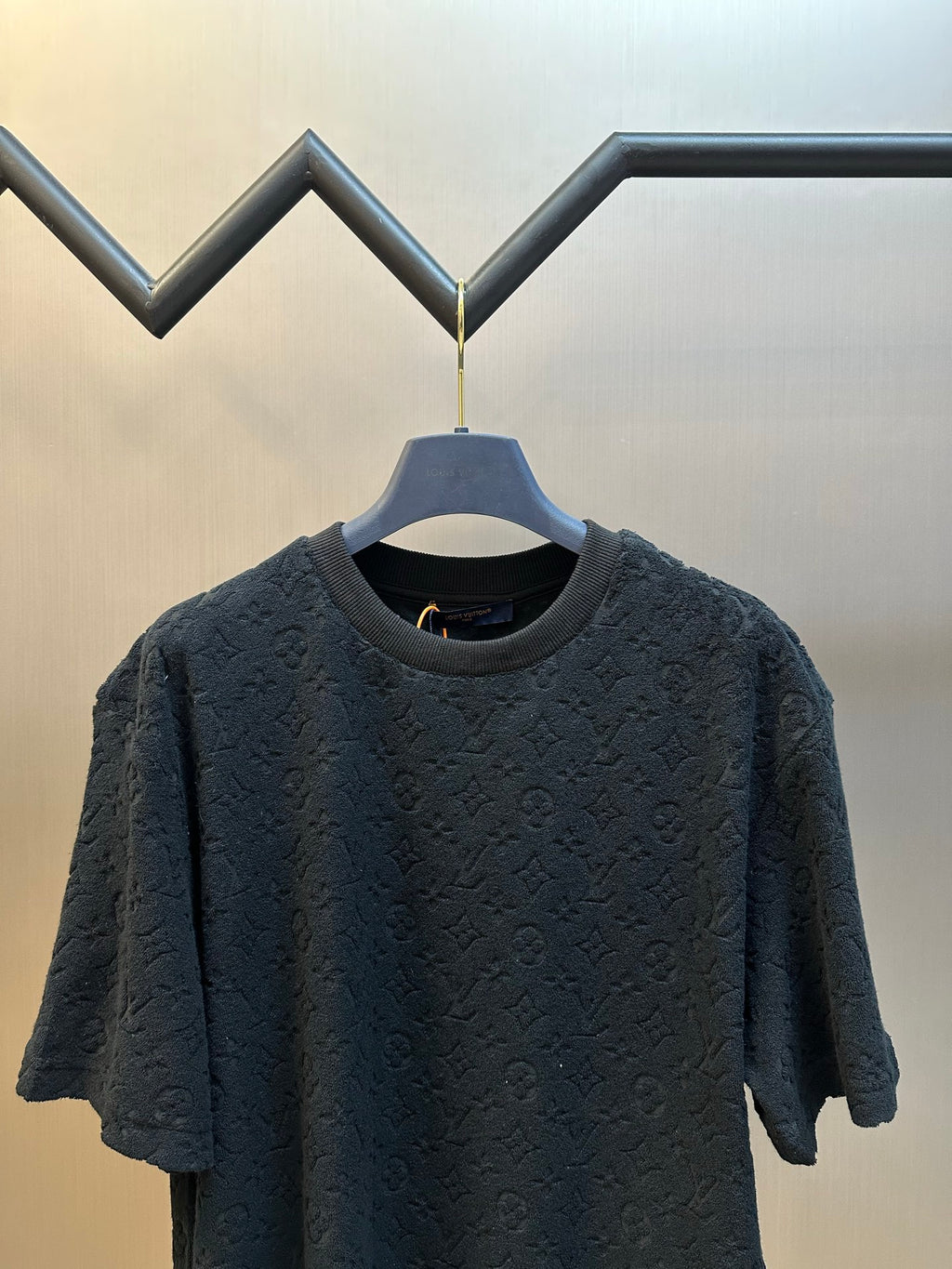 Navy short-sleeve crewneck T-shirt with allover monogram texture on chest