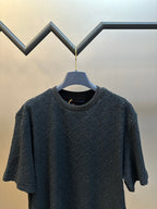 Navy short-sleeve crewneck T-shirt with allover monogram texture on chest