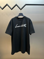 Louis Vuitton short-sleeve T-shirt, black, white cursive logo graphic