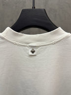 White short-sleeve T-shirt back neck with small hanging label and emblem