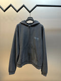 Dark gray zip hoodie with hood, front pouch pocket, and logo graphic