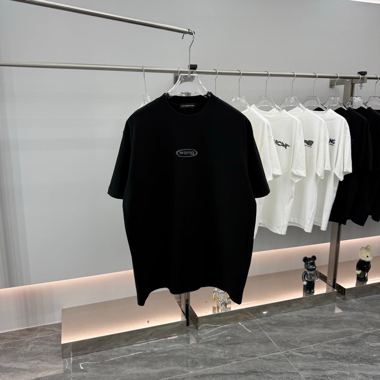 Black crew-neck T-shirt, short sleeves, wang chest logo