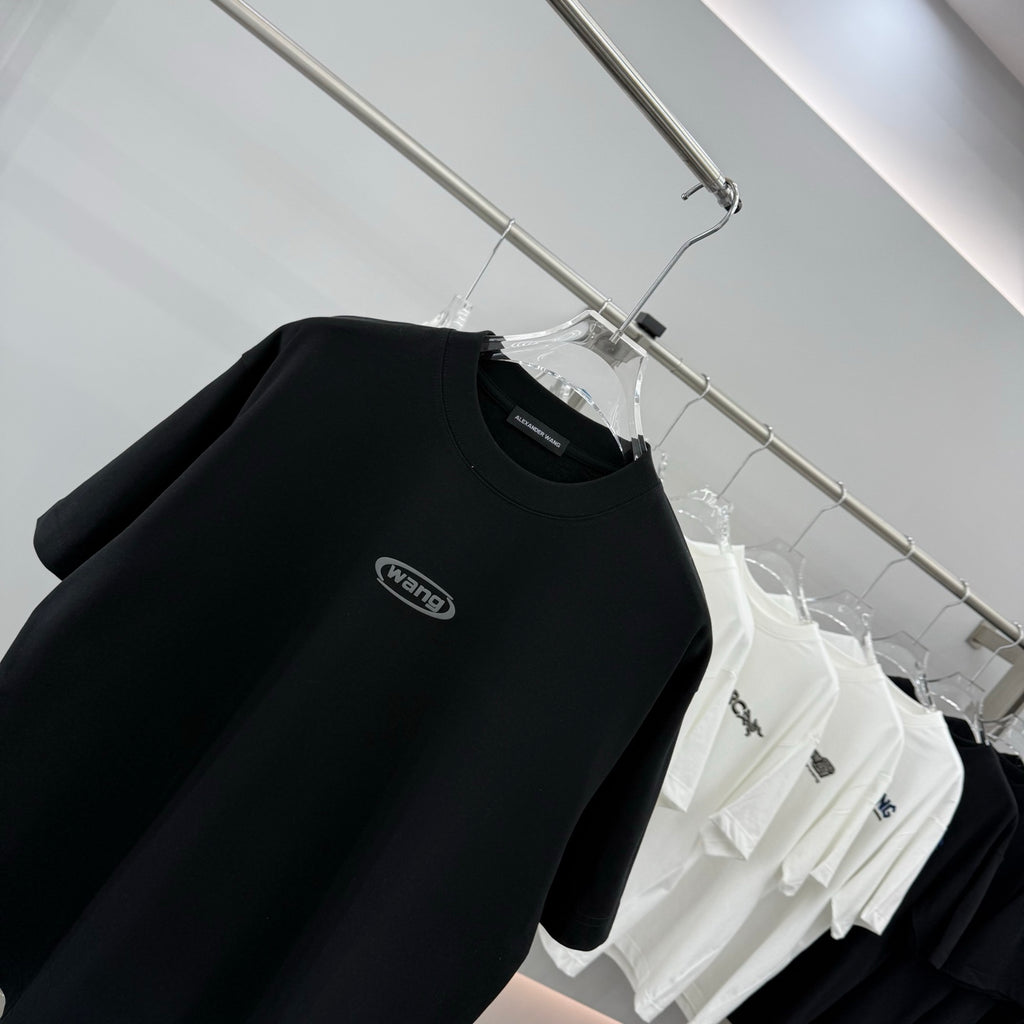 Black short-sleeve T-shirt with wang chest logo on hanger