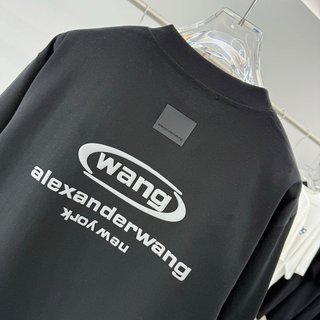Black T-shirt close-up with large wang and alexanderwang text logo