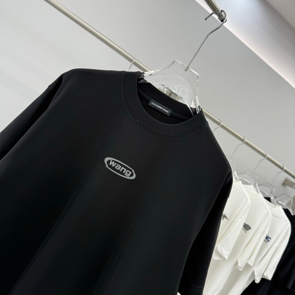 Black short-sleeve T-shirt with centered wang logo