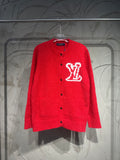 Red button-up cardigan with large white LV-style logo on the chest