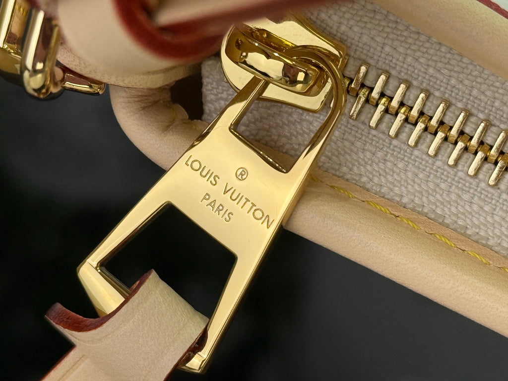 Gold clasp and hardware on multicolor monogram Louis Vuitton-style bag