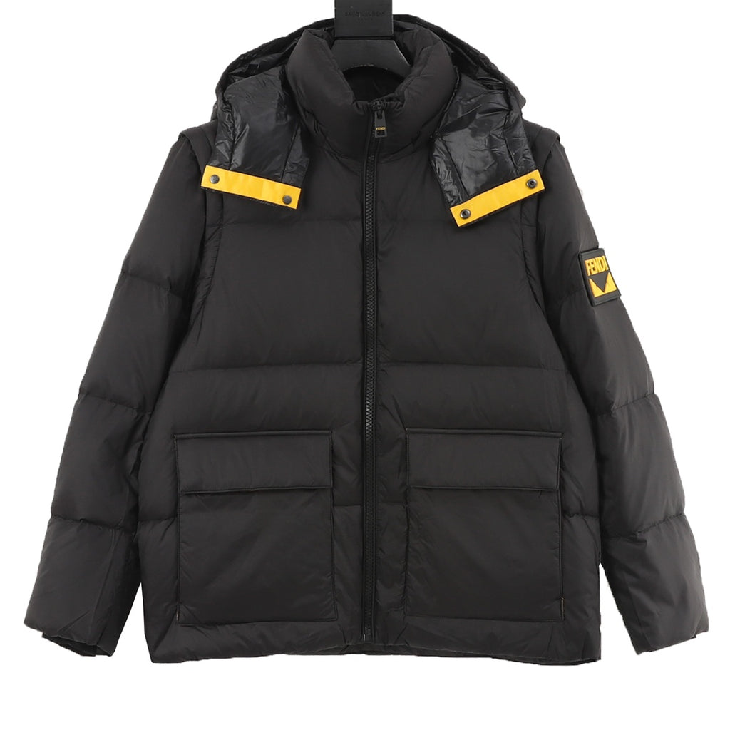 Black puffer jacket with hood, zip front, and yellow logo patches