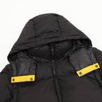 Black puffer jacket hood with zipper and yellow snap logo tabs
