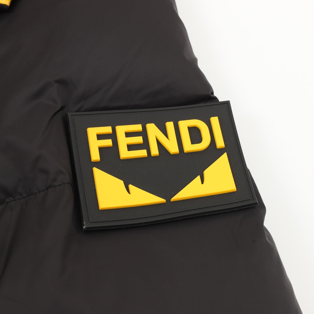 Black puffer jacket chest logo patch with FENDI lettering