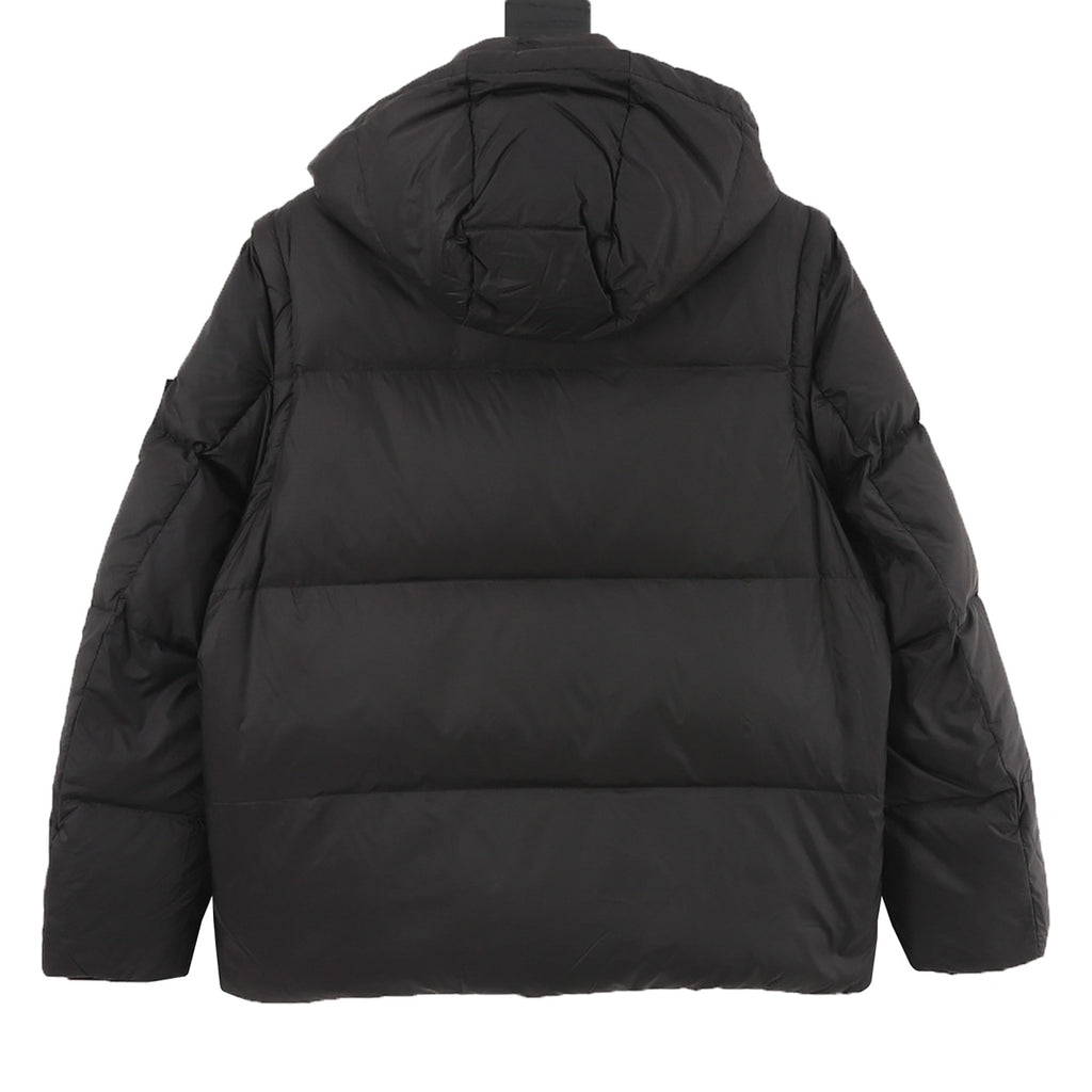 Black puffer jacket with hood and horizontal quilted panels