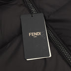 Black puffer jacket zipper with hanging FENDI tag