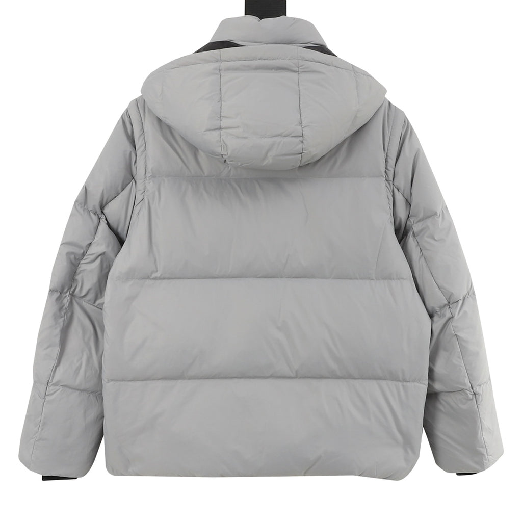 Fendi long puffer jacket hooded, gray, quilted back, full-length zip