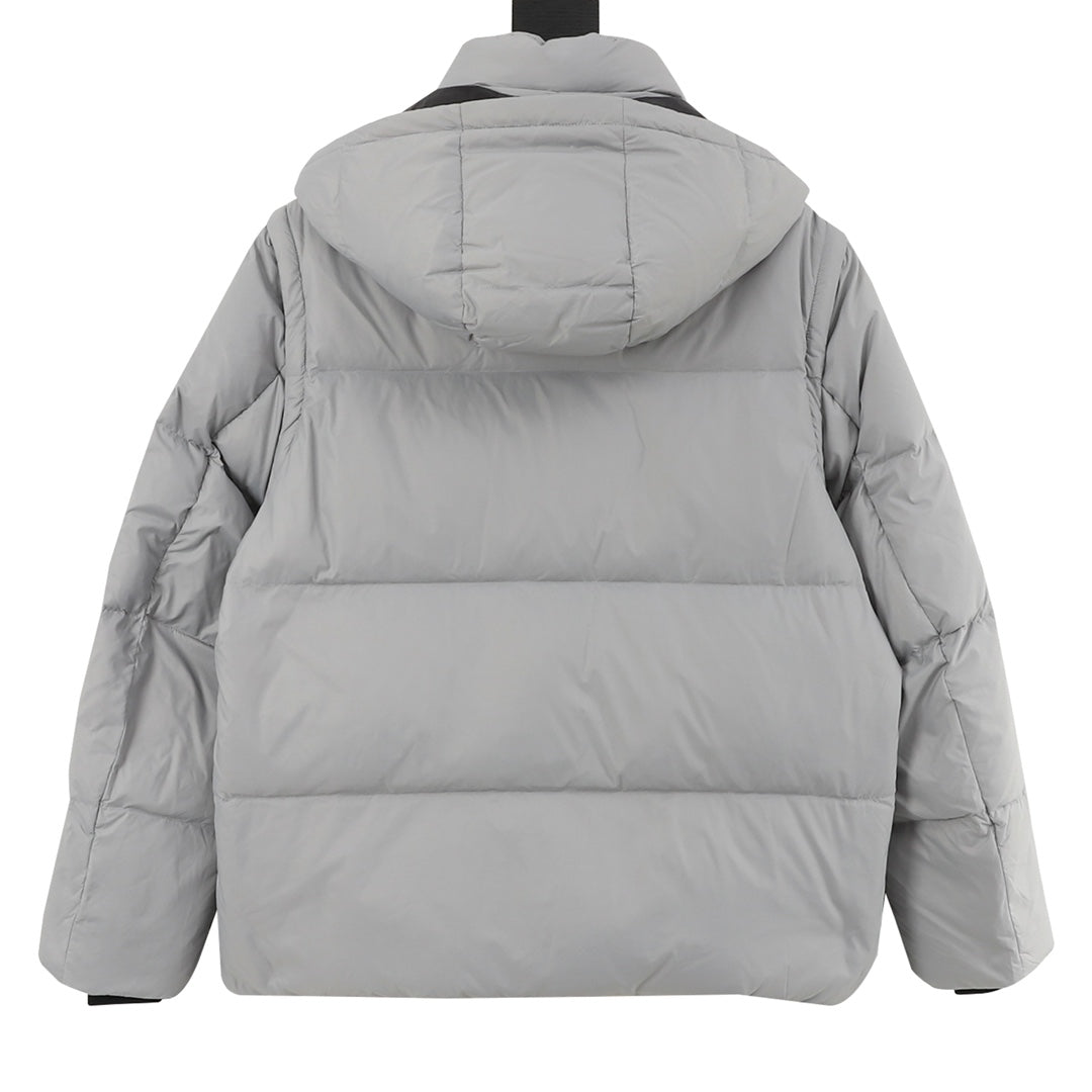 Fendi long puffer jacket hooded, gray, quilted back, full-length zip