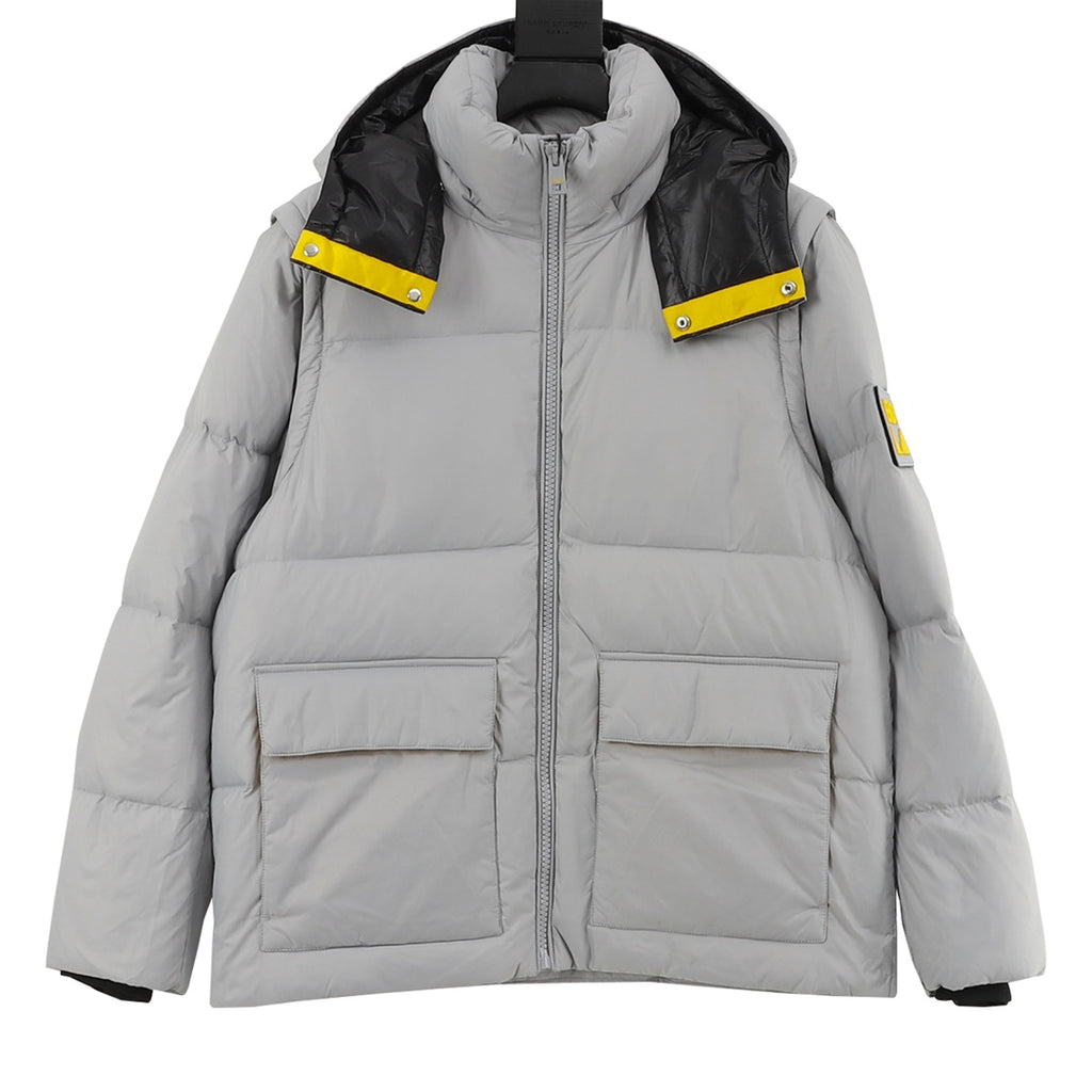 Fendi long puffer jacket with hood, gray, yellow logo tabs, front zip