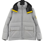 Fendi long puffer jacket with hood, gray, yellow logo tabs, front zip