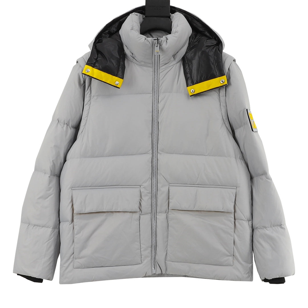 Fendi long puffer jacket with hood, gray, yellow logo tabs, front zip