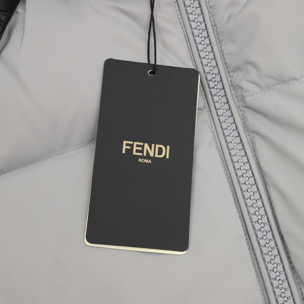 Padded jacket fabric with hanging FENDI Roma tag and textured zipper