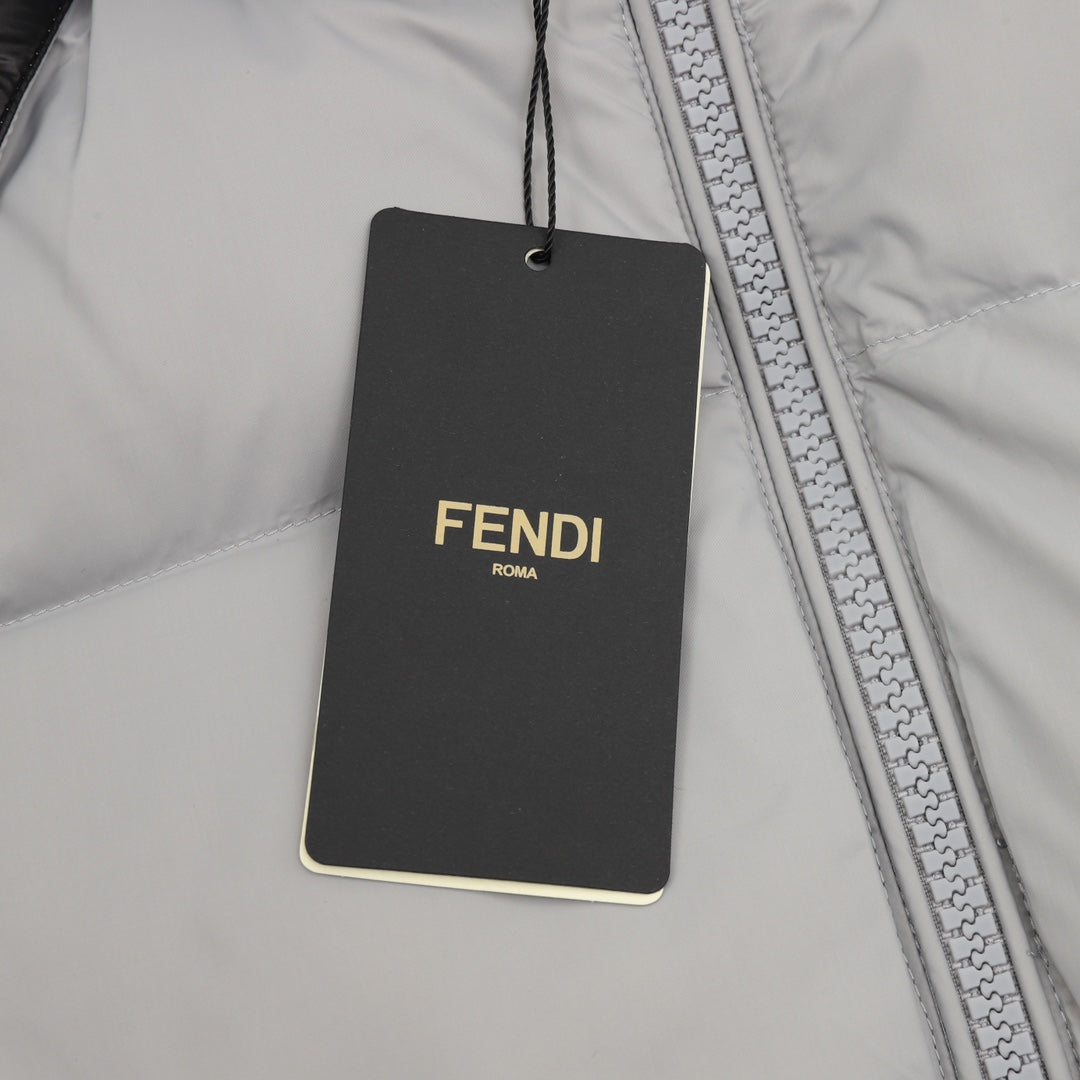 Padded jacket fabric with hanging FENDI Roma tag and textured zipper